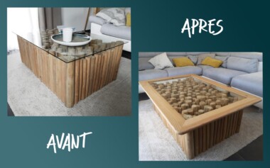 Contour de table en cèdre massif encastré sur plateau en verre Ajout d'un cadre sur plateau de verre