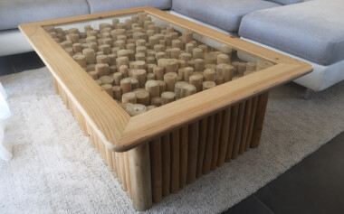 Contour de table en cèdre massif encastré sur plateau en verre Ajout d'un cadre sur plateau de verre